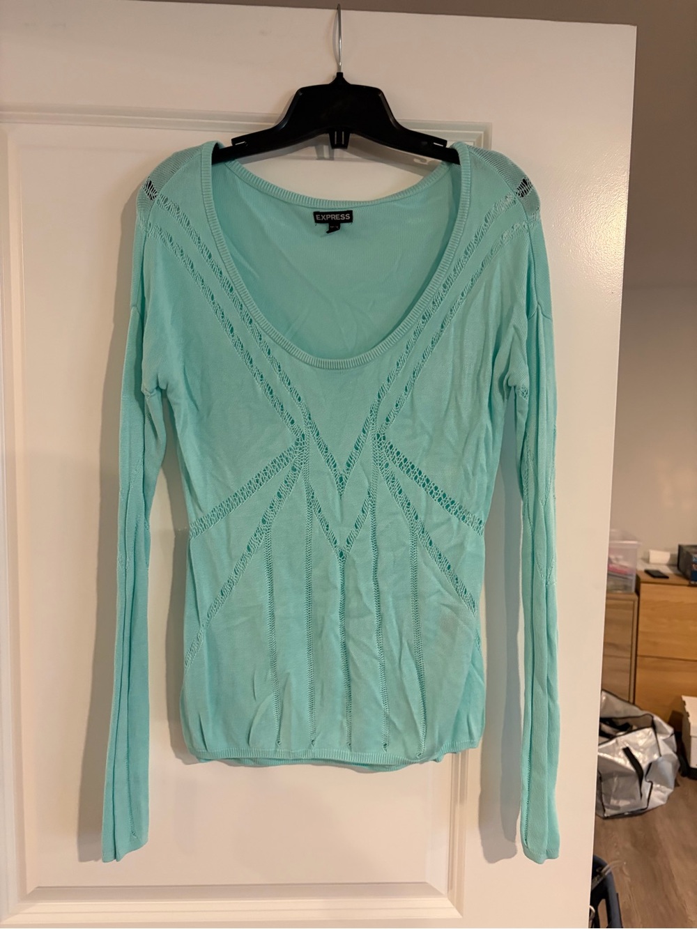 Express Light Aqua Openwork Scoop Neck Long Sleeve Top